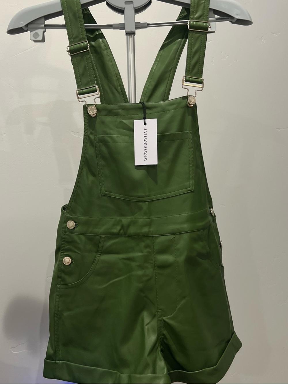 NEW WeWoreWhat Green Vegan Leather Short Overalls size XS pockets $128msrp nwt